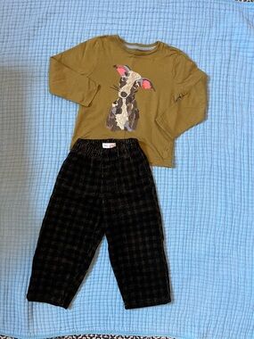 Mini Boden Olive Super Stitch Dog Top with black & olive check corduroy pants